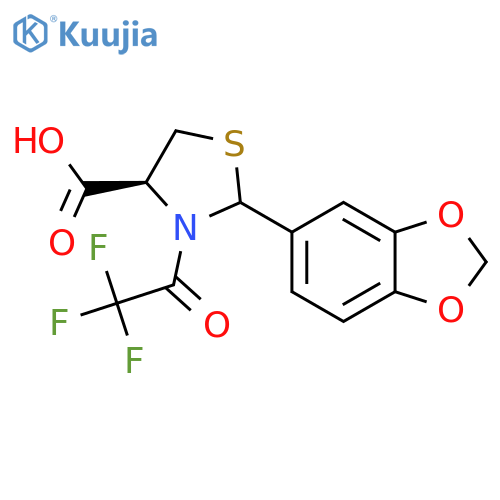 (4S)-2-(1,3-dioxaindan-5-yl)-3-(2,2,2-trifluoroacetyl)-1,3-thiazolidine-4-carboxylic acid structure
