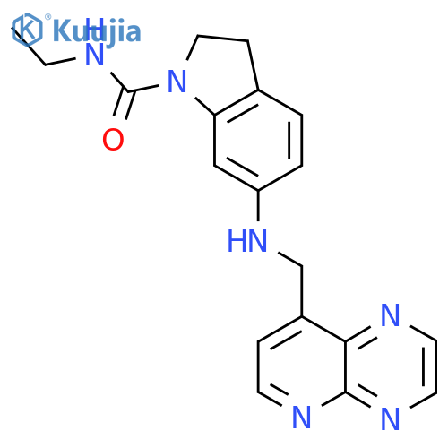 N-ethyl-6-[({pyrido[2,3-b]pyrazin-8-yl}methyl)amino]-2,3-dihydro-1H-indole-1-carboxamide structure