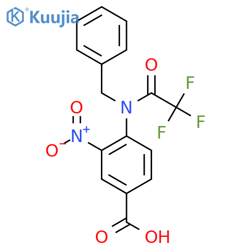 4-(N-benzyl-2,2,2-trifluoroacetamido)-3-nitrobenzoic acid structure