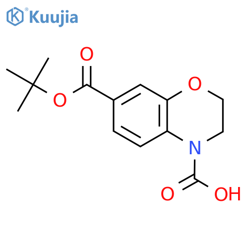 7-[(tert-butoxy)carbonyl]-3,4-dihydro-2H-1,4-benzoxazine-4-carboxylic acid structure