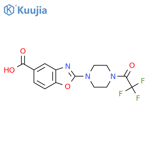 2-4-(2,2,2-trifluoroacetyl)piperazin-1-yl-1,3-benzoxazole-5-carboxylic acid structure