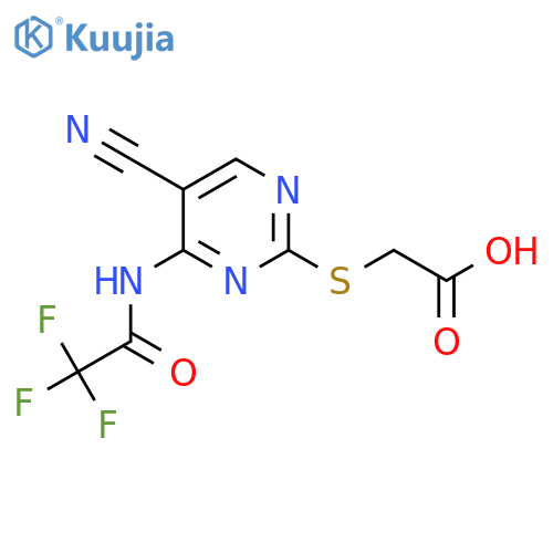 2-{5-cyano-4-(2,2,2-trifluoroacetamido)pyrimidin-2-ylsulfanyl}acetic acid structure