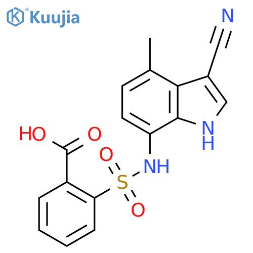 2-[(3-cyano-4-methyl-1H-indol-7-yl)sulfamoyl]benzoic acid structure