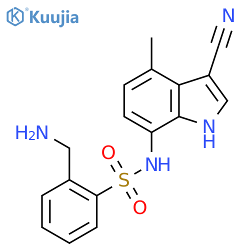 2-(aminomethyl)-N-(3-cyano-4-methyl-1H-indol-7-yl)benzene-1-sulfonamide structure