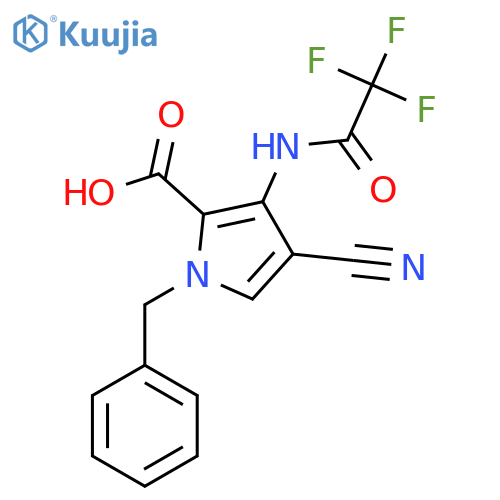 1-benzyl-4-cyano-3-(2,2,2-trifluoroacetamido)-1H-pyrrole-2-carboxylic acid structure