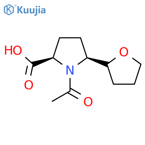 rac-(2R,5S)-1-acetyl-5-(oxolan-2-yl)pyrrolidine-2-carboxylic acid structure