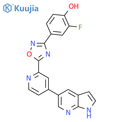 2-fluoro-4-[5-(4-{1H-pyrrolo[2,3-b]pyridin-5-yl}pyridin-2-yl)-1,2,4-oxadiazol-3-yl]phenol structure