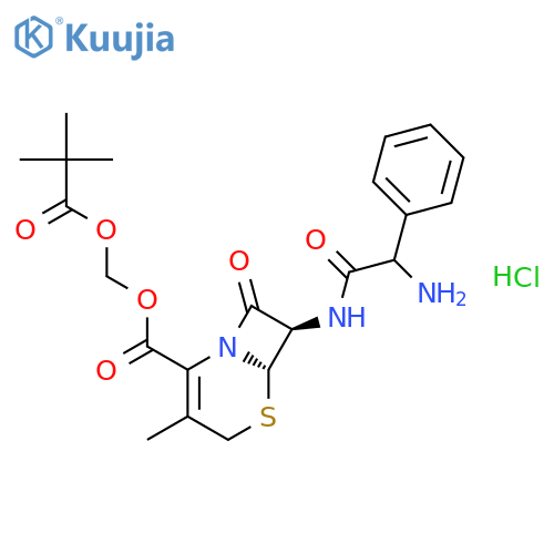 5-Thia-1-azabicyclo[4.2.0]oct-2-ene-2-carboxylicacid, 7-[[(2R)-2-amino-2-phenylacetyl]amino]-3-methyl-8-oxo-,(2,2-dimethyl-1-oxopropoxy)methyl ester, hydrochloride (1:1), (6R,7R)- structure