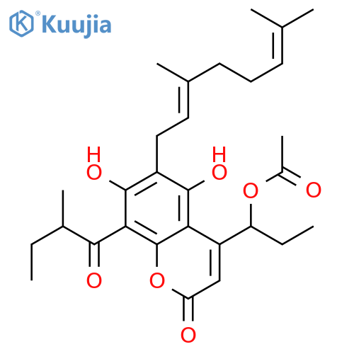 2H-1-Benzopyran-2-one,4-[1-(acetyloxy)propyl]-6-(3,7-dimethyl-2,6-octadienyl)-5,7-dihydroxy-8-(2-methyl-1-oxobutyl)- structure