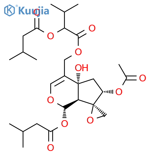 Butanoic acid,3-methyl-2-(3-methyl-1-oxobutoxy)-,[(1S,2'R,4aR,6S,7aS)-6-(acetyloxy)-4a,5,6,7a-tetrahydro-4a-hydroxy-1-(3-methyl-1-oxobutoxy)spiro[cyclopenta[c]pyran-7(1H),2'-oxiran]-4-yl]methylester structure