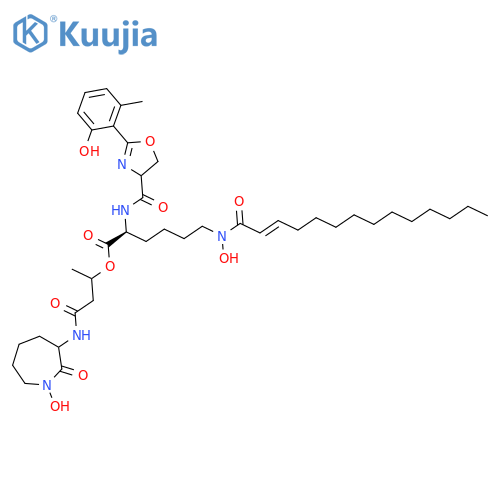 L-Lysine, N2-[[4,5-dihydro-2-(2-hydroxy-6-methylphenyl)-4-oxazolyl]carbonyl]-N6-hydroxy-N6-(1-oxo-2-tetradecen-1-yl)-, 3-[(hexahydro-1-hydroxy-2-oxo-1H-azepin-3-yl)amino]-1-methyl-3-oxopropyl ester structure