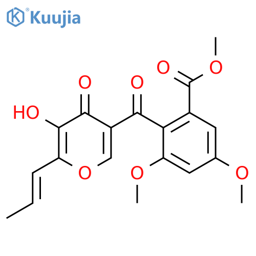 Benzoic acid, 2-[[5-hydroxy-4-oxo-6-(1E)-1-propen-1-yl-4H-pyran-3-yl]carbonyl]-3,5-dimethoxy-, methyl ester structure