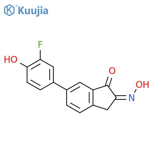 (2Z)-6-(3-fluoro-4-hydroxyphenyl)-2-hydroxyimino-3H-inden-1-one structure