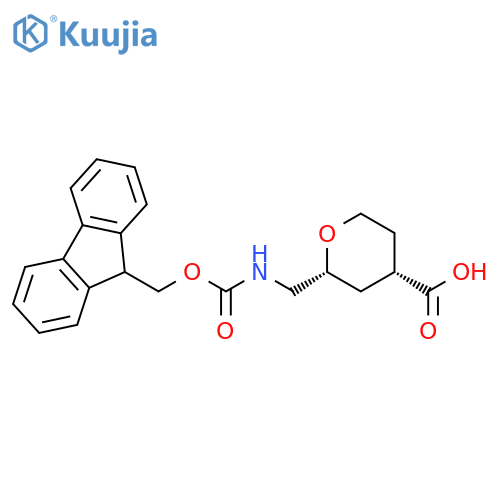 rel-(2R,4S)-2-[[[(9H-Fluoren-9-ylmethoxy)carbonyl]amino]methyl]tetrahydro-2H-pyran-4-carboxylic acid structure