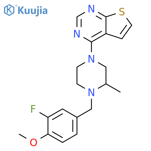 1-[(3-fluoro-4-methoxyphenyl)methyl]-2-methyl-4-{thieno[2,3-d]pyrimidin-4-yl}piperazine structure
