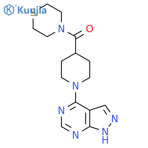 4-(1-{1H-pyrazolo[3,4-d]pyrimidin-4-yl}piperidine-4-carbonyl)thiomorpholine structure
