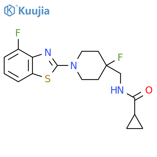 N-{[4-fluoro-1-(4-fluoro-1,3-benzothiazol-2-yl)piperidin-4-yl]methyl}cyclopropanecarboxamide structure
