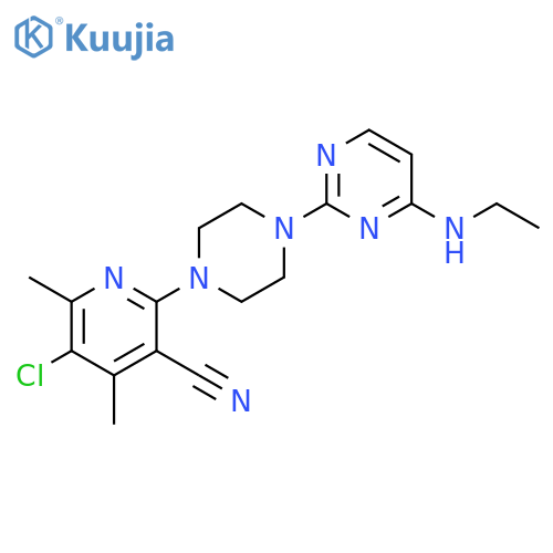 5-chloro-2-{4-[4-(ethylamino)pyrimidin-2-yl]piperazin-1-yl}-4,6-dimethylpyridine-3-carbonitrile structure