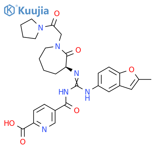2-Pyridinecarboxylic acid, 5-[[[[[(3S)-hexahydro-2-oxo-1-[2-oxo-2-(1-pyrrolidinyl)ethyl]-1H-azepin-3-yl]imino][(2-methyl-5-benzofuranyl)amino]methyl]amino]carbonyl]- structure