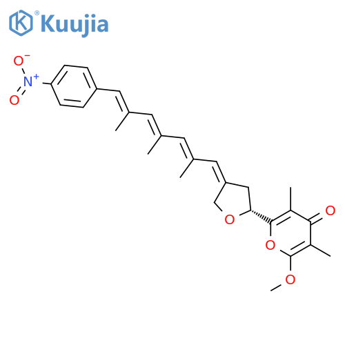 4H-Pyran-4-one,2-methoxy-3,5-dimethyl-6-[tetrahydro-4-[2,4,6-trimethyl-7-(4-nitrophenyl)-2,4,6-heptatrien-1-ylidene]-2-furanyl]-,(+)- structure