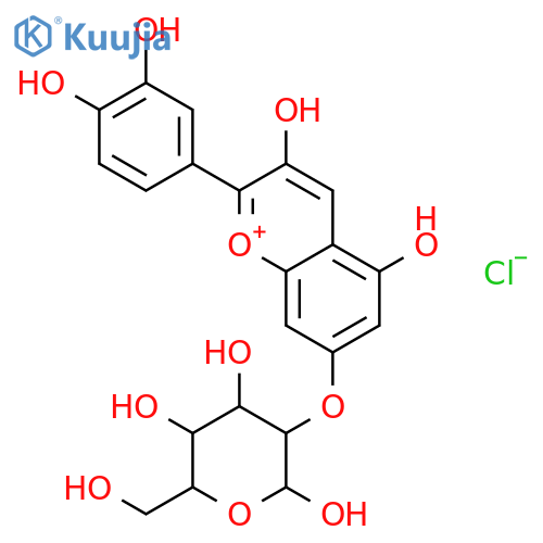2-O-[2-(3,4-dihydroxyphenyl)-3,5-dihydroxychromenium-7-yl]-beta-D-glucopyranose chloride structure