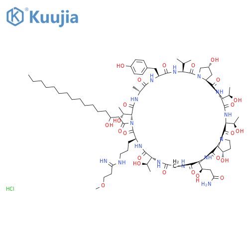 Cyclo[D-alanyl-L-tyrosyl-L-valyl-(4R)-4-hydroxy-L-prolyl-D-allothreonyl-L-threonyl-(3S)-3-hydroxy-L-prolyl-(3R)-3-hydroxy-L-glutaminylglycyl-D-allothreonyl-N5-(1-imino-3-methoxypropyl)-L-ornithyl-(3R)-3-hydroxyhexadecanoyl-D-allothreonyl], monohydrochloride structure