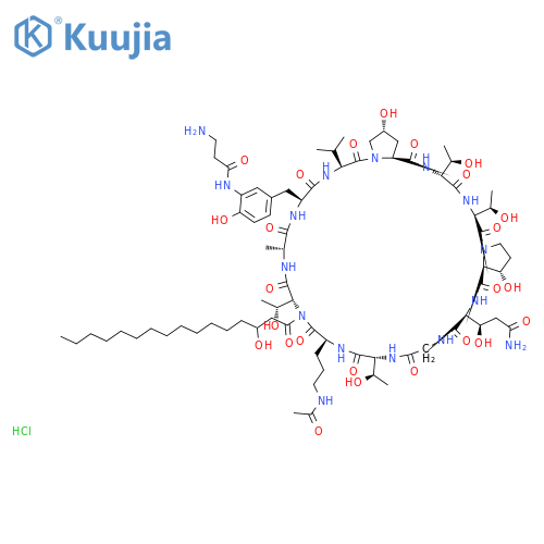 Cyclo[D-alanyl-3-[(3-amino-1-oxopropyl)amino]-L-tyrosyl-L-valyl-(4R)-4-hydroxy-L-prolyl-D-allothreonyl-L-threonyl-(3S)-3-hydroxy-L-prolyl-(3R)-3-hydroxy-L-glutaminylglycyl-D-allothreonyl-N5-acetyl-L-ornithyl-(3R)-3-hydroxyhexadecanoyl-D-allothreonyl], monohydrochloride structure