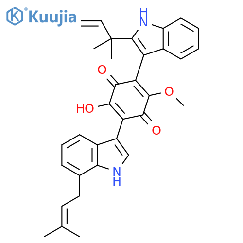 2,5-Cyclohexadiene-1,4-dione, 2-[2-(1,1-dimethyl-2-propen-1-yl)-1H-indol-3-yl]-6-hydroxy-3-methoxy-5-[7-(3-methyl-2-buten-1-yl)-1H-indol-3-yl]- structure