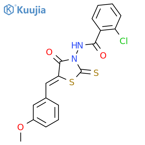 2-chloro-N-(5Z)-5-(3-methoxyphenyl)methylidene-4-oxo-2-sulfanylidene-1,3-thiazolidin-3-ylbenzamide structure