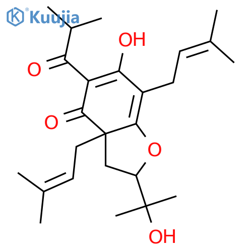 4(2H)-Benzofuranone,3,3a-dihydro-6-hydroxy-2-(1-hydroxy-1-methylethyl)-3a,7-bis(3-methyl-2-butenyl)-5-(2-methyl-1-oxopropyl)- structure