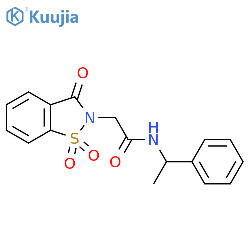 N-(1-phenylethyl)-2-(1,1,3-trioxo-2,3-dihydro-1lambda6,2-benzothiazol-2-yl)acetamide structure