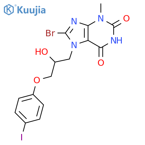 8-bromo-7-2-hydroxy-3-(4-iodophenoxy)propyl-3-methyl-2,3,6,7-tetrahydro-1H-purine-2,6-dione structure