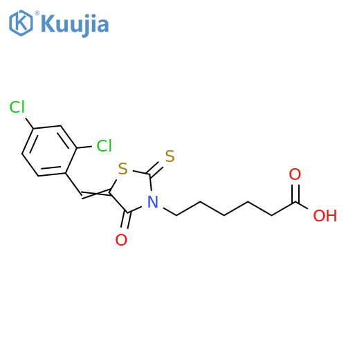 6-(5Z)-5-(2,4-dichlorophenyl)methylidene-4-oxo-2-sulfanylidene-1,3-thiazolidin-3-ylhexanoic acid structure