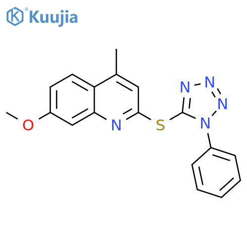 7-methoxy-4-methyl-2-(1-phenyl-1H-1,2,3,4-tetrazol-5-yl)sulfanylquinoline structure