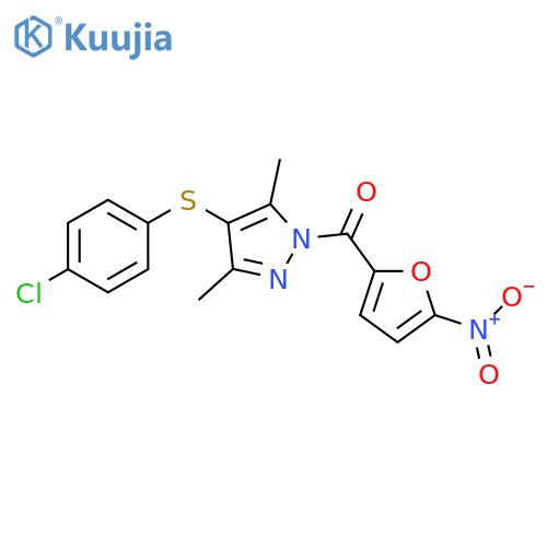 4-(4-chlorophenyl)sulfanyl-3,5-dimethyl-1-(5-nitrofuran-2-carbonyl)-1H-pyrazole structure