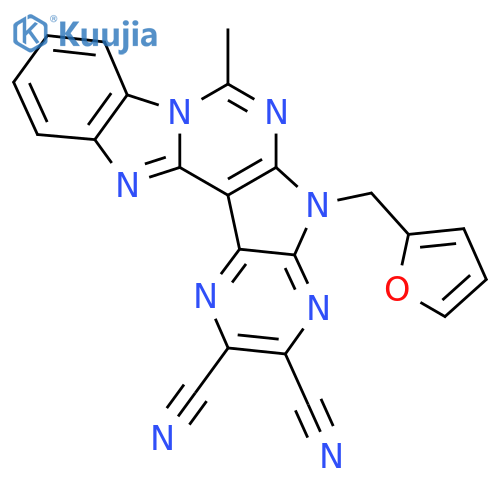5-(furan-2-ylmethyl)-7-methyl-5H-pyrazino[2'',3'':4',5']pyrrolo[2',3':4,5]pyrimido[1,6-a]benzimidazole-2,3-dicarbonitrile structure
