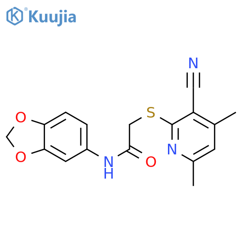 N-(1,3-benzodioxol-5-yl)-2-(3-cyano-4,6-dimethylpyridin-2-yl)sulfanylacetamide structure