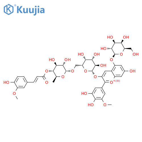 Petunidin 3-O-[6-O-(4-O-(4-O-(beta-D-glucopyranosyl)-feruloyl)-alpha-L-rhamnopyranosyl)-beta-D-glucopyranoside]- 5-O-[beta-D-glucopyranoside] structure