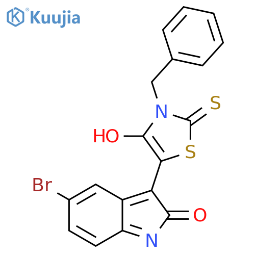 3-(5Z)-3-benzyl-4-oxo-2-sulfanylidene-1,3-thiazolidin-5-ylidene-5-bromo-2,3-dihydro-1H-indol-2-one structure