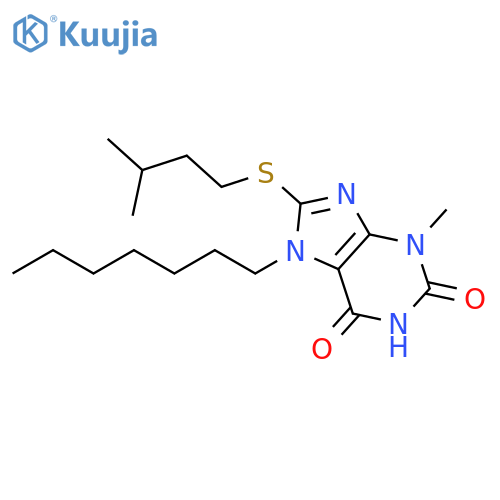 7-heptyl-3-methyl-8-(3-methylbutyl)sulfanyl-2,3,6,7-tetrahydro-1H-purine-2,6-dione structure