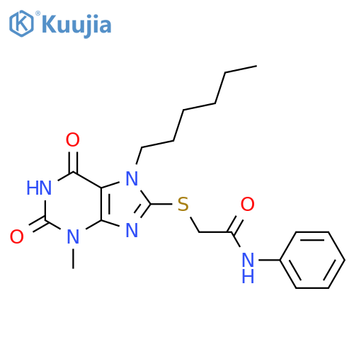2-(7-hexyl-3-methyl-2,6-dioxo-2,3,6,7-tetrahydro-1H-purin-8-yl)sulfanyl-N-phenylacetamide structure