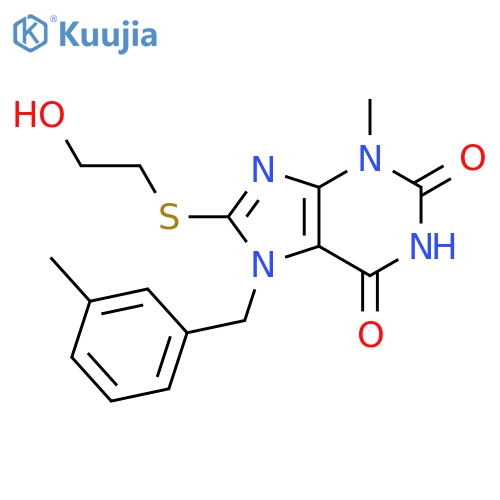 8-(2-hydroxyethyl)sulfanyl-3-methyl-7-(3-methylphenyl)methyl-2,3,6,7-tetrahydro-1H-purine-2,6-dione structure