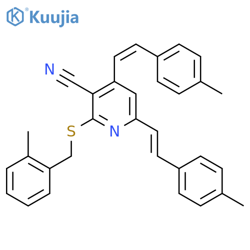 6-[(E)-2-(4-Methylphenyl)ethenyl]-4-[(Z)-2-(4-methylphenyl)ethenyl]-2-{[(2-methylphenyl)methyl]sulfanyl}pyridine-3-carbonitrile structure