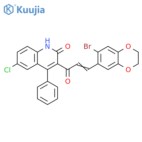 3-(2E)-3-(7-bromo-2,3-dihydro-1,4-benzodioxin-6-yl)prop-2-enoyl-6-chloro-4-phenyl-1,2-dihydroquinolin-2-one structure