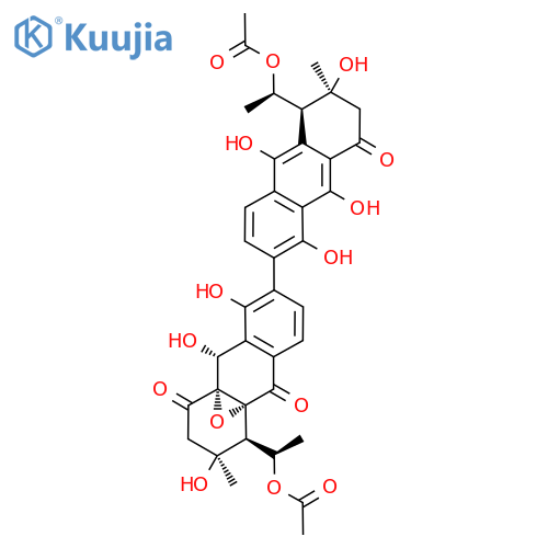 4a,9a-Epoxyanthracene-1,10(2H,9H)-dione, 4-[1-(acetyloxy)ethyl]-7-[5-[1-(acetyloxy)ethyl]-5,6,7,8-tetrahydro-1,6,9,10-tetrahydroxy-6-methyl-8-oxo-2-anthracenyl]-3,4-dihydro-3,8,9-trihydroxy-3-methyl-, stereoisomer (9CI) structure