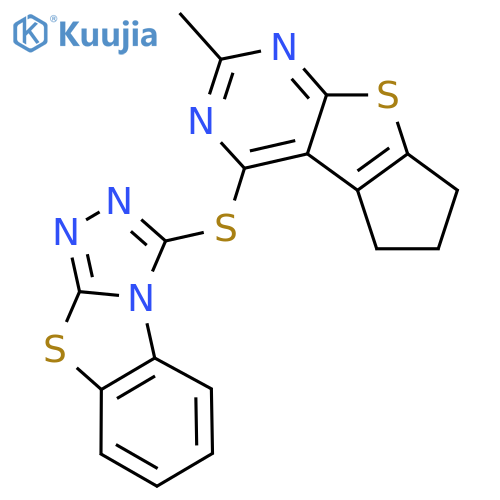 3-({10-methyl-7-thia-9,11-diazatricyclo[6.4.0.0^{2,6}]dodeca-1(8),2(6),9,11-tetraen-12-yl}sulfanyl)-7-thia-2,4,5-triazatricyclo[6.4.0.0^{2,6}]dodeca-1(12),3,5,8,10-pentaene structure