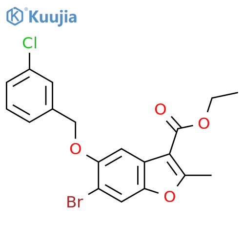 ethyl 6-bromo-5-(3-chlorophenyl)methoxy-2-methyl-1-benzofuran-3-carboxylate structure