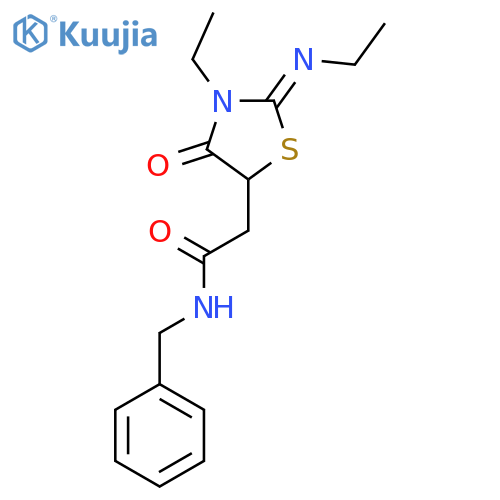 N-benzyl-2-(2E)-3-ethyl-2-(ethylimino)-4-oxo-1,3-thiazolidin-5-ylacetamide structure