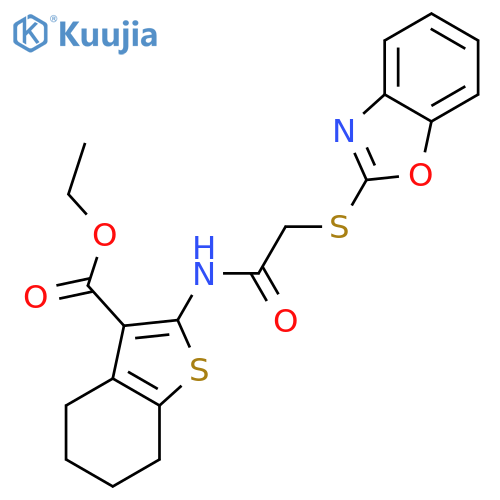 <br>ethyl 2-[2-(1,3-benzoxazol-2-ylsulfanyl)acetamido]-4,5,6,7-tetrahydro-1-ben zothiophene-3-carboxylate structure