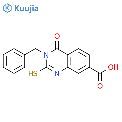 3-benzyl-4-oxo-2-sulfanyl-3,4-dihydroquinazoline-7-carboxylic acid structure
